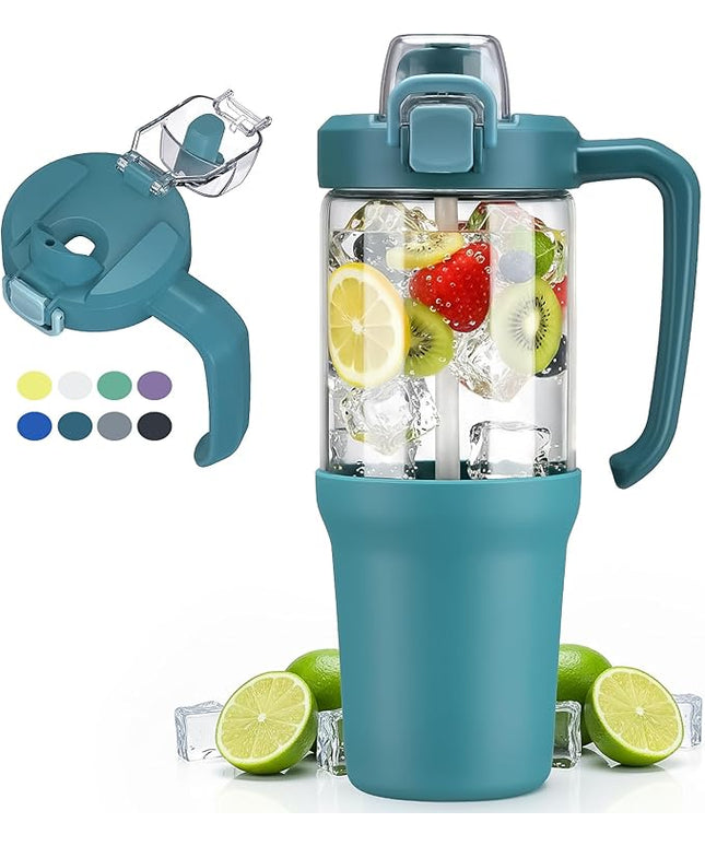 32oz Glass Water Bottle, 2-in-1 Straw and Sip Spout Lid, Leakproof Wide Mouth Tumbler with Handle, BPA-Free Reusable Bottle for Sports, Office, Outdoor, Peacock Blue