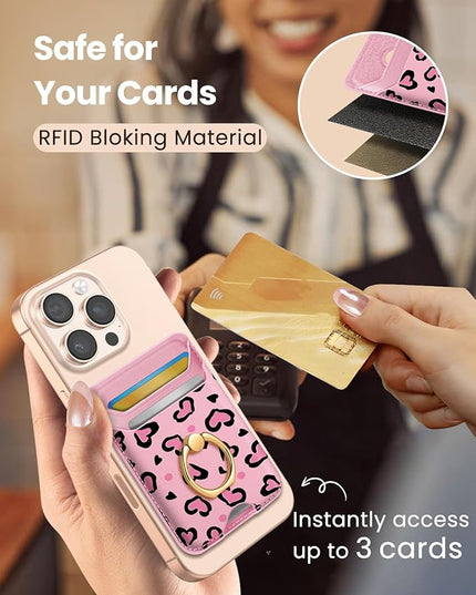 Shorogyt Compatible with Magsafe Wallet Magnetic Card Holder - Phone Wallets with Ring Grip Stand Cute Fashion for iPhone 17/16/15/14/13/12 Series for Women Girls Heart Row Design, Fit 3 Cards