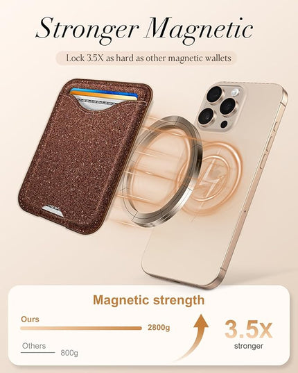 Shorogyt Compatible with Magsafe Wallet Magnetic Card Holder - Glitter Brown Phone Wallets for Women Teen Girls Fashion for iPhone 16/15/14/13/12 Series Slim for Apple Mag RFID Magnet, Fit 3 Cards