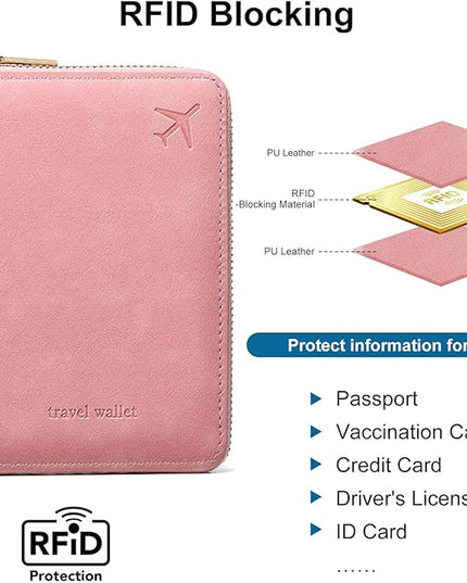 Passport Holder for Travel Women and Men RFID Passport Holder with Card Slots Holder Passport Case Passport cover Passport Wallet Travel Essentials and Accessories (Short Zipper, SZ-Pink)