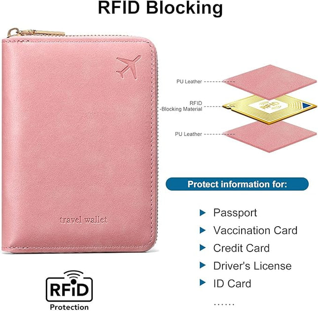 Passport Holder for Travel Women and Men RFID Passport Holder with Card Slots Holder Passport Case Passport cover Passport Wallet Travel Essentials and Accessories (Short Zipper, SZ-Pink)