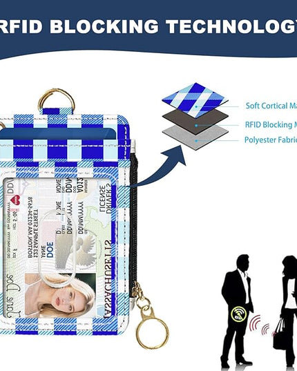 Slim Wallet Credit Card Holder, Blue Checkered X, RFID Wallet Women Cute Small Front Pocket Wallet With Zipper, PU Leather Thin travel RFID Blocking Card Case ID Window,Ladies Gifts