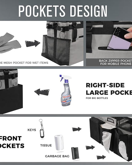 Wearable Cleaning Caddy Bag, Cleaning Caddy Supplies Organizer with Handle & Shoulder Straps for Housekeepers, Under Sink & Car Cleaning Tool Organizers with 4 Foldable Divider (Grey)