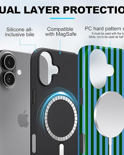 Magnetic for iPhone 16 Plus Case Cute Stripes Phone Case, Shockproof Slim TPU and Hard PC Protective Phone Cover Compatible with MagSafe Designed for Women Girls, Pink and White