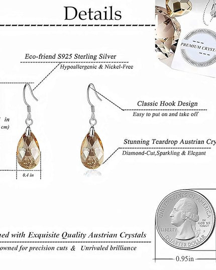 Teardrop Austrian Crystal Drop Dangle Earrings for Women 925 Sterling Silver Hook Hypoallergenic Jewelry