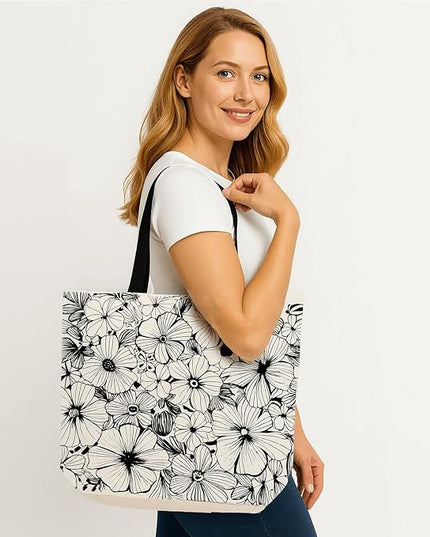 Large Tote Bag for Women, Floral Grocery Tote with Snap Thick Canvas Both Side Pattern, Gift Daily Use Shopping Travel Picnic