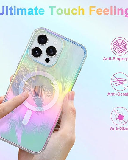 Glitter Case for iPhone 16 Pro Case for Women Girls [ Compatible with Magsafe ] Clear Cute Aesthetic Girly Iridescent Feather Sparkly Bling Magnetic Phone Cover, Gradient Blue & Pink