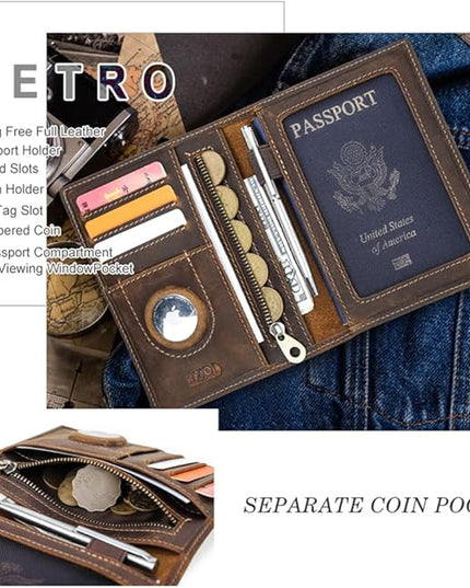 CONTACTS Full Grain Leather Passport Holder RFID Blocking Travel Passport Wallet Compatible with Airtag Slim Passport Cover Case with 4 Cards Slots, Coin Pocket (Brown)
