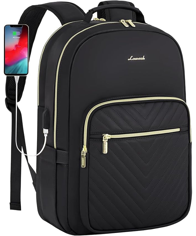 LOVEVOOK Leather Backpacks for Women,17.3 inch Leather Laptop Backpack Women Computer Backpack Laptop Bag,Stylish Quilted Travel Backpack Purse Work Bag College Teacher Backpacks with USB Port,Black
