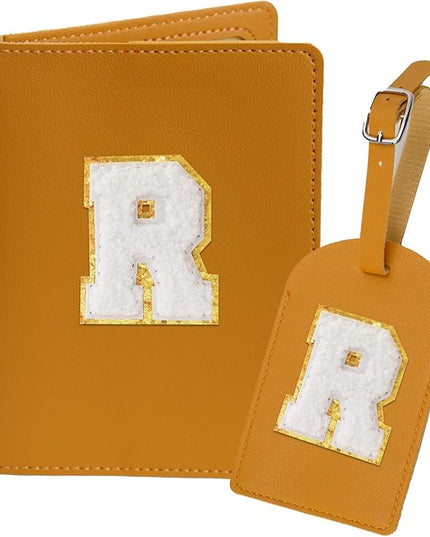 Initial Passport Cover Holder and Luggage tag Set,PU Leather Passport Case Travel Suitcase Tag with Letter Patch, Personalized Travel Luggage Accessories Gifts for Women Grils Teenage Ginger R
