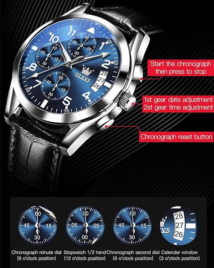 OLEVS Leather Chronograph Watch Men - Leather Strap (Brown/Black), Work Luminous Waterproof Analog Quartz Dress Wrist Watch with Blue/Black/Brown/White Dial