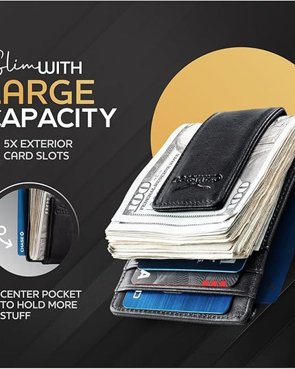 Money Clip Leather Wallet For Men Slim Front Pocket RFID Blocking with Super Strong Magnetic