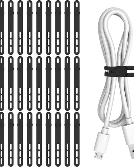 Donruby 30Pcs Silicone Cable Ties - Reusable & Washable with Adjustable Locking Buckles, High Elasticity Cable Management Straps for Home, Office, School, Travel Essential Cord Organizer (Black)