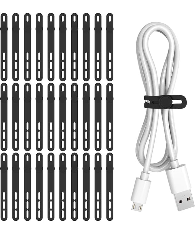 Donruby 30Pcs Silicone Cable Ties - Reusable & Washable with Adjustable Locking Buckles, High Elasticity Cable Management Straps for Home, Office, School, Travel Essential Cord Organizer (Black)
