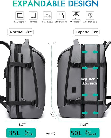 Carry on Backpack Airline Approved for Men, Travel 50L Expandable backpack Luggage Fits 17.3 Inch Laptop with USB Charging Port(grey)