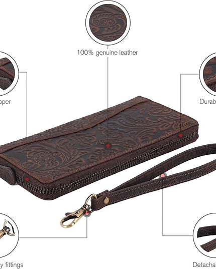 Oak Leathers Leather Wallet for Women - RFID Womens Wallet Clutch with 8 Credit Card Holder, Coin Pocket Vintage Brown Embossed