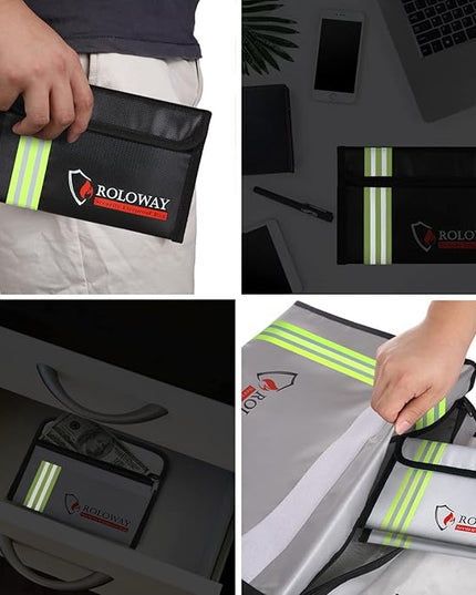 ROLOWAY Small Fireproof Bag (5 x 8 inches) with Reflective Strip, Fireproof Money Bag for Cash, Valuables, Passport, Currency & Keys (2-Pack)