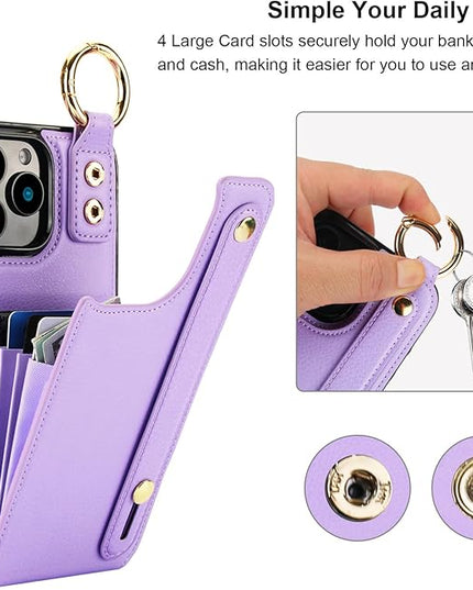 Folosu for iPhone 16 Pro Max Wallet Case with Card Holder, Hand Wrist Strap Loop Holder Kickstand, RFID Blocking Finger Grip Ring PU Leather Double Buttons Shockproof Cover 6.9" Purple