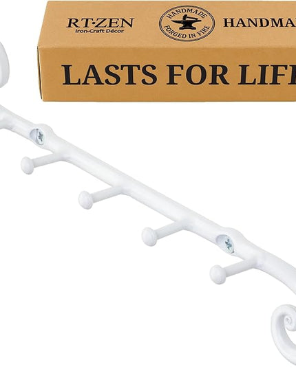 RTZEN Farmhouse Small Key Holder for Wall - Handcrafted Swirl Decorative 5 Key Hooks for Home Entryway - Wrought Iron Wall Mount Rack Purse Coat and Leash Holder or Organizer (Classic White)