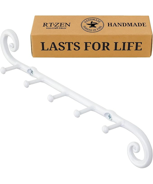 RTZEN Farmhouse Small Key Holder for Wall - Handcrafted Swirl Decorative 5 Key Hooks for Home Entryway - Wrought Iron Wall Mount Rack Purse Coat and Leash Holder or Organizer (Classic White)