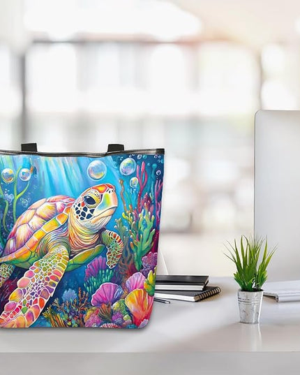 Pardick Canvas Tote Bags, Ocean Turtle Tote Bag Eco Friendly Reusable Grocery Shopping Bagsfor Beach, Books, Women with Zipper Inner Pocket