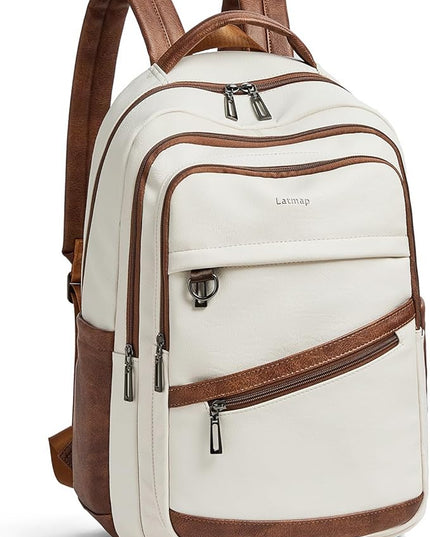 43L Backpack for Women Men - Vegan Leather Backpack Purse Travel Carry-on Bag College Bookbag Work fits 17" Laptop, Beige