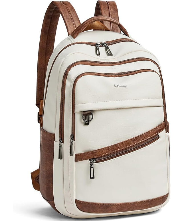 43L Backpack for Women Men - Vegan Leather Backpack Purse Travel Carry-on Bag College Bookbag Work fits 17" Laptop, Beige