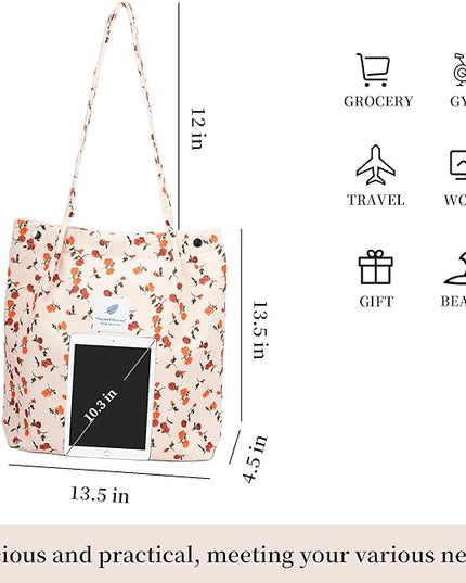 Corduroy Tote Bag Cute Tote Bags for Women Shoulder Bag with Inner Pocket for Work Beach Travel and Shopping Grocery
