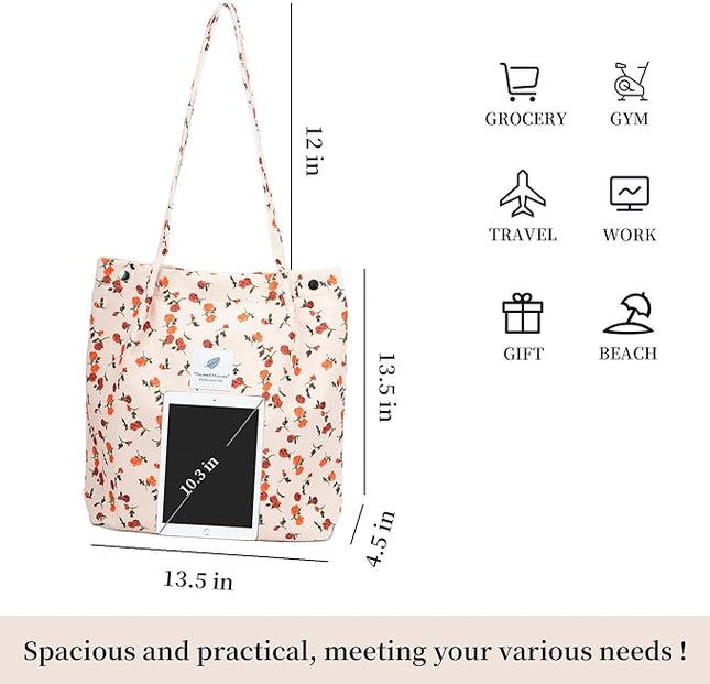 Corduroy Tote Bag Cute Tote Bags for Women Shoulder Bag with Inner Pocket for Work Beach Travel and Shopping Grocery