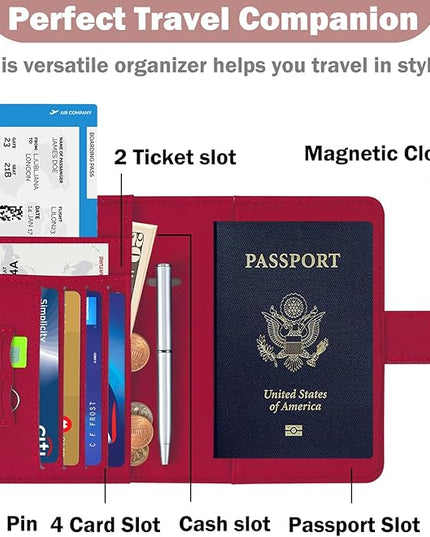 HOTCOOL Passport Holder Travel Essentials Airplane & Cruise Essentials Ship Leather Wallet Cover Case RFID Blocking Women & Men Vacation Travel Accessories Gifts Deals, Litchi - Hot Pink