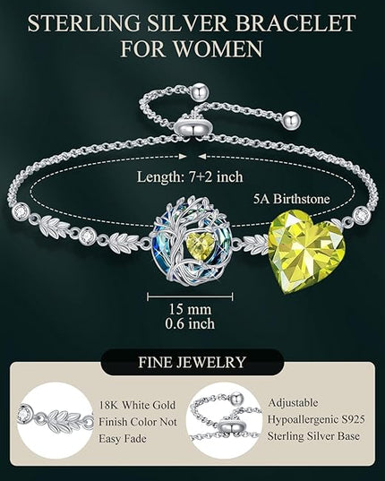 TOUPOP Tree of Life Birthstone Bracelet 925 Sterling Silver Family Tree Austrian Crystal Jewelry Anniversary Birthday Christmas Gifts for Women Wife Girlfriend Her