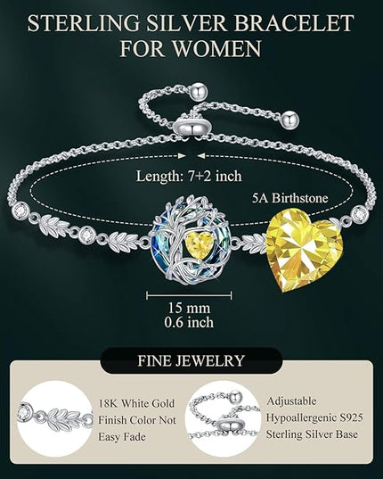 TOUPOP Tree of Life Birthstone Bracelet 925 Sterling Silver Family Tree Austrian Crystal Jewelry Anniversary Birthday Christmas Gifts for Women Wife Girlfriend Her