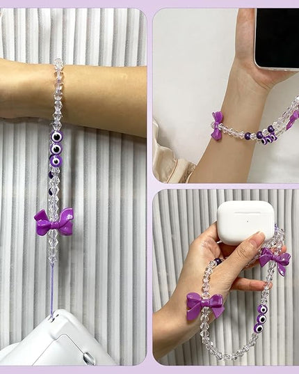 Handmade Evil Eye Phone Charm Strap – Purple Beaded Phone Chain with Pearl & Bow Pendant, Cute Wrist Strap Phone Lanyard for Women Girls