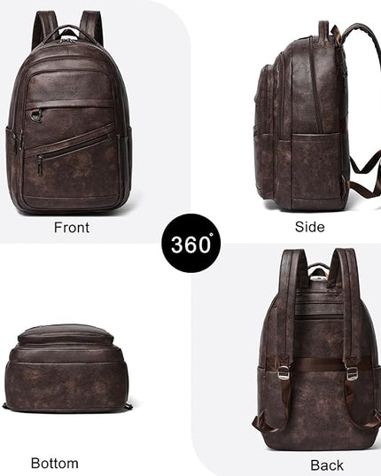 43L Backpack for Women Men - Vegan Leather Backpack Purse Travel Carry-on Bag College Bookbag Work fits 17" Laptop, Coffee