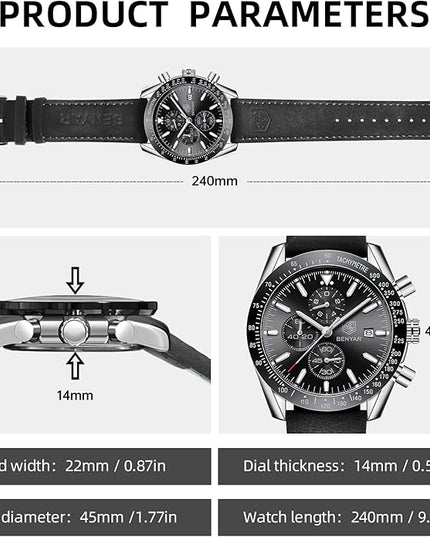 BY BENYAR Watch for Men Analog Quartz Chronograph Waterproof Luminous Designer Mens Wrist Watches Business Work Sport Casual Dress Watch with Silicone Strap Elegant Gifts for Men