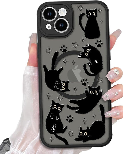 Cute Magnetic Case for iPhone 14 Plus Case [ Compatible with MagSafe ] with Black Cat Cats Pattern Design for Women Girls Boys, Soft Bumper Hard Back Kawaii Animal Protective Phone Cover