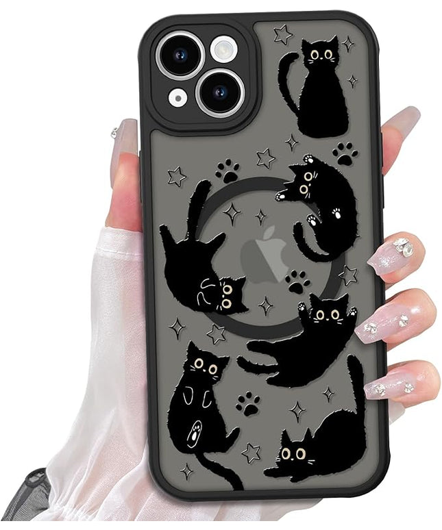 Cute Magnetic Case for iPhone 14 Case [ Compatible with MagSafe ] with Black Cat Cats Pattern Design for Women Girls Boys, Soft Bumper Hard Back Kawaii Animal Protective Phone Cover
