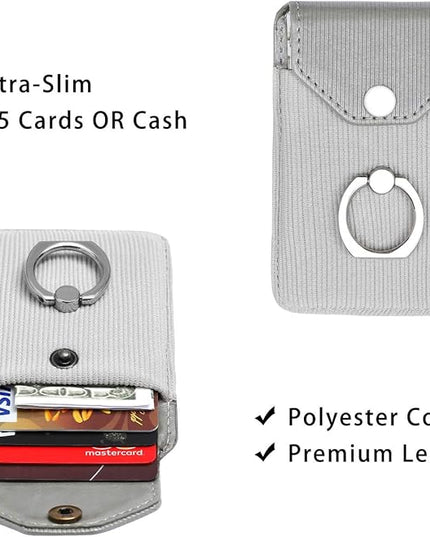 Cell Phone Card Holder RFID Ring Stand Stick on Wallet Card Holder for Back of Phone for iPhone Android and All Smartphones Adhesive Credit Card Holder for Cell Phone-Polyester Grey