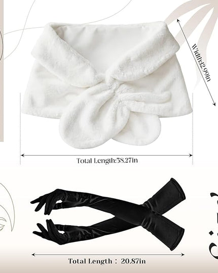 Zhanmai 2 Pcs Winter Long Shawl Cloak Stretchy Glove Opera Bridal Dance Gloves for Women Dress Party Coat