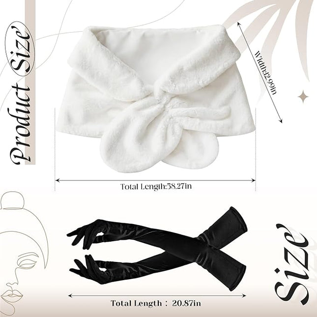Zhanmai 2 Pcs Winter Long Shawl Cloak Stretchy Glove Opera Bridal Dance Gloves for Women Dress Party Coat