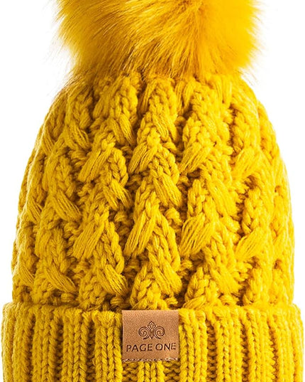 PAGE ONE Womens Winter Ribbed Beanie Crossed Cap Chunky Cable Knit Pompom Soft Warm Hat