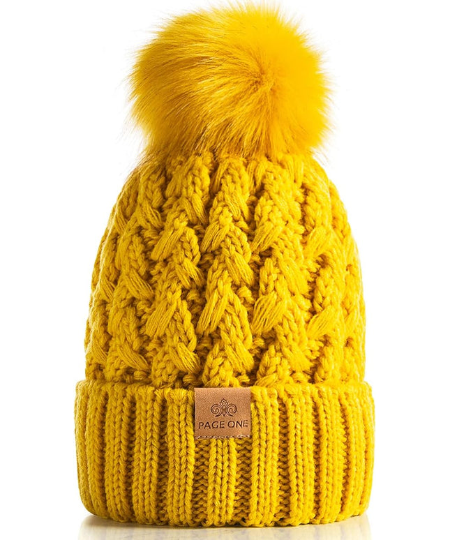 PAGE ONE Womens Winter Ribbed Beanie Crossed Cap Chunky Cable Knit Pompom Soft Warm Hat
