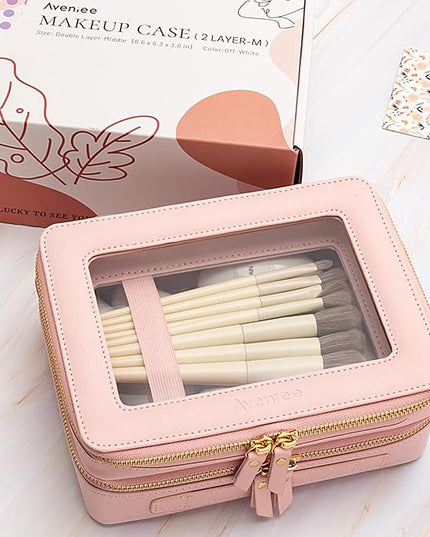 Aveniee XL Clear Makeup Organizer,Double Layer Travel Cosmetic Case with Brush Holder & Zippered Compartments,Big Toiletry Bag for Travel Accessories,2 Layers Large,Pink