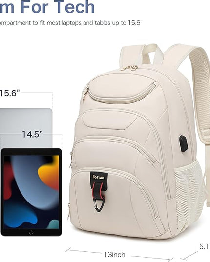 Boavan Laptop Backpack for women,15.6 inch Laptop Bag with USB Port, Waterproof Travel Work Backpack Purse, Anti-Theft Teacher Nurse Doctor Casual Bookbags Office Business backpack，Cream Beige