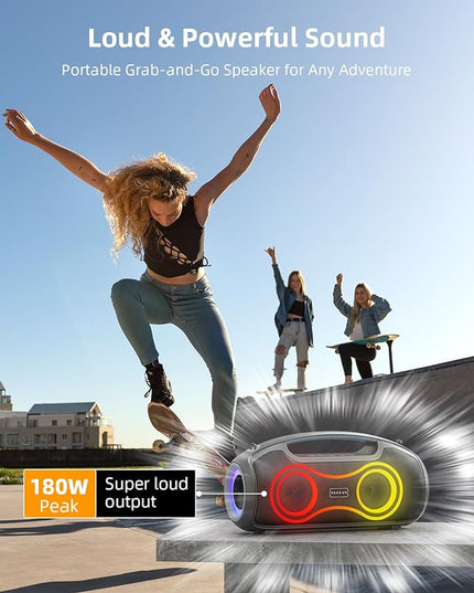 Portable Bluetooth Speaker Wireless, 180W Max Loud Waterproof Speakers, Bass Boost Boom Box for Party and Outdoor, w/2*Subwoofer, 2*Tweeter, DSP, IP65, 24H, TWS, TF, USB, AUX