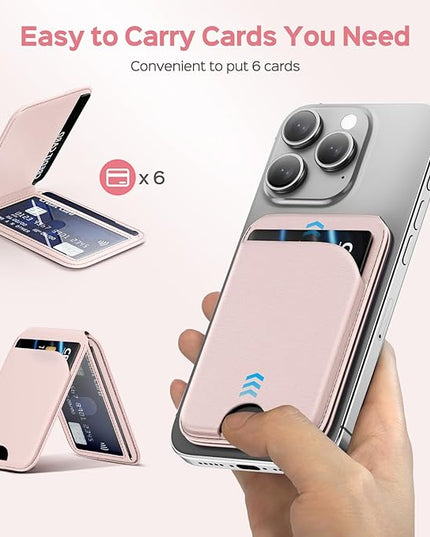 Mag-Safe Wallet for Women Strongest Magnetic Lightweight Phone Wallet Stand Adjustable Leather Card Holder for iPhone 17/16/15/14/13/12 Series, Not for iPhone 13/12 Mini (Pink)