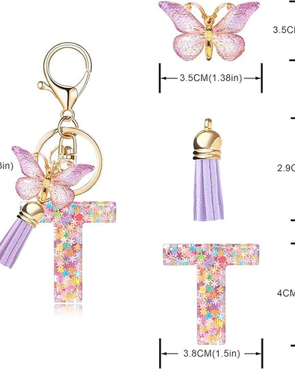 Fashion Alphabet Initial Letter Keychain Tassel Butterfly Pendant Key Ring for Purse Handbags Women Girl