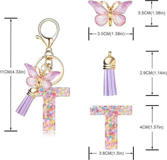 Fashion Alphabet Initial Letter Keychain Tassel Butterfly Pendant Key Ring for Purse Handbags Women Girl