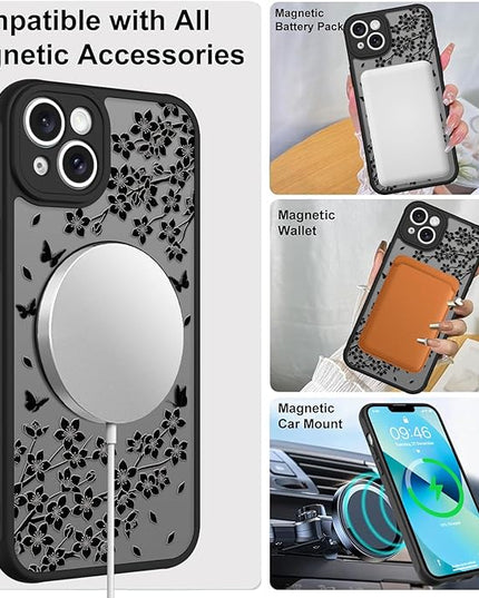 Cute Case for iPhone 13 Case with Stand [ Compatible with MagSafe ] Kawaii Black Cat & Floral & Butterflies Pattern Design 360 Magnetic Ring Kickstand Phone Cover for Women Girls Boys