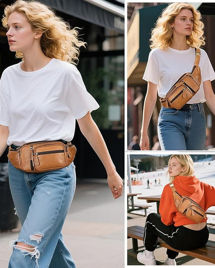 Genuine Leather Fanny Pack large capacity Crossbody Waist Bag with Zipper phone Pockets brown